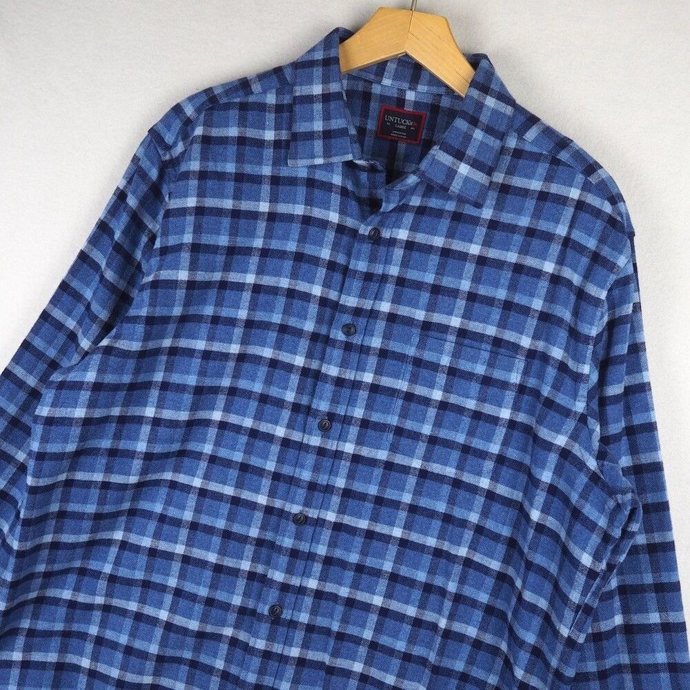 UNTUCKIT Caylise Flannel Shirt Mens Large Blue Plaid Long Sleeve Dress Button Up